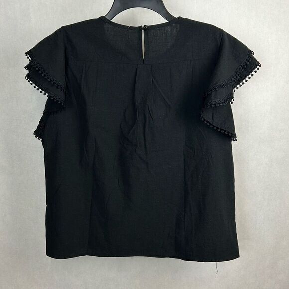 NEW Daisy Ruffle Sleeve Blouse Top Black Sz Large Short Cap Sleeve Crew Neck - Picture 3 of 7